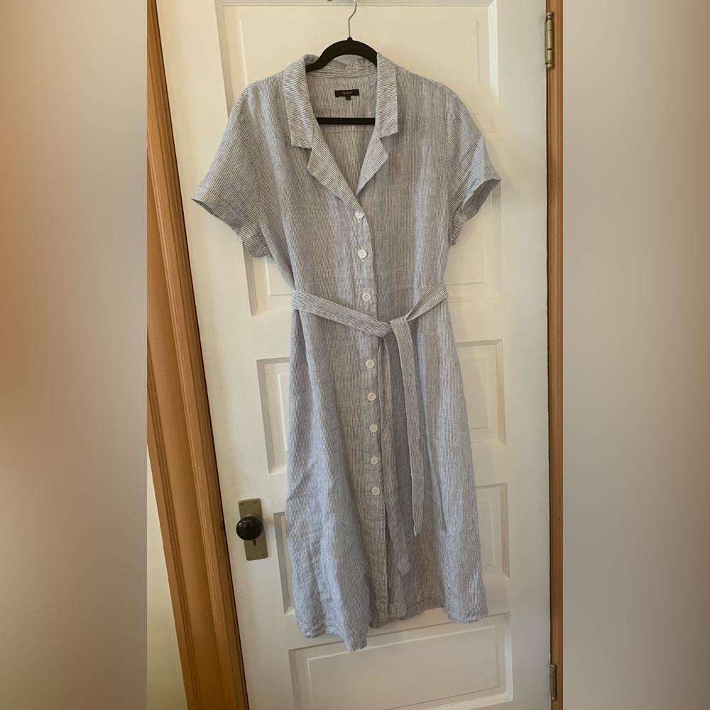 Quince Light Blue striped Button-Down Linen Dress XL